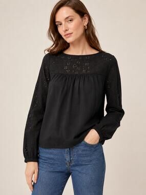 J.Crew Black Linen Blend Eyelet Embroidered Long Sleeve Blouse Top Small